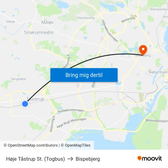 Høje Tåstrup St. (Togbus) to Bispebjerg map