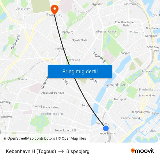 København H (Togbus) to Bispebjerg map
