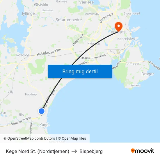 Køge Nord St. (Nordstjernen) to Bispebjerg map