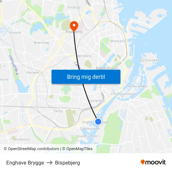 Enghave Brygge to Bispebjerg map