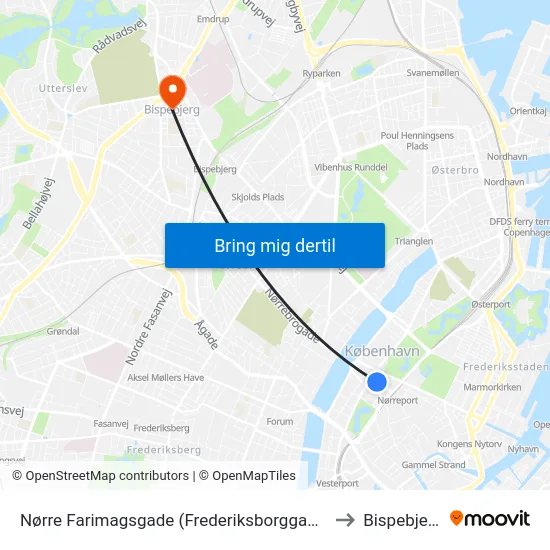 Nørre Farimagsgade (Frederiksborggade) to Bispebjerg map