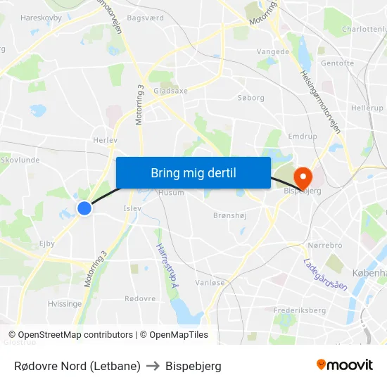 Rødovre Nord (Letbane) to Bispebjerg map