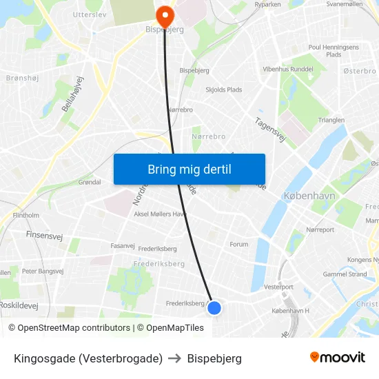 Kingosgade (Vesterbrogade) to Bispebjerg map