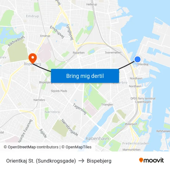Orientkaj St. (Sundkrogsgade) to Bispebjerg map