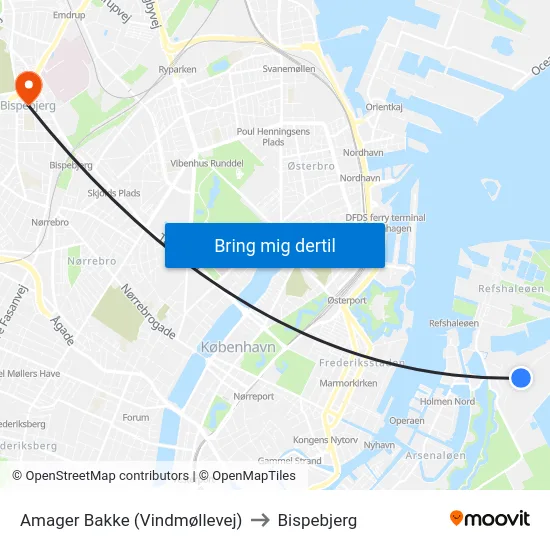 Amager Bakke (Vindmøllevej) to Bispebjerg map