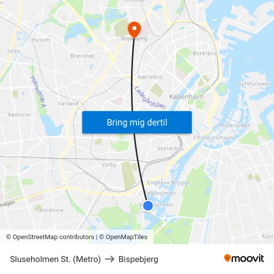 Sluseholmen St. (Metro) to Bispebjerg map
