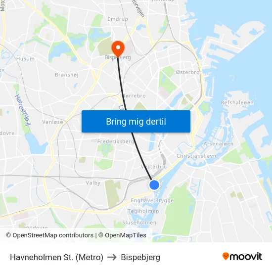 Havneholmen St. (Metro) to Bispebjerg map