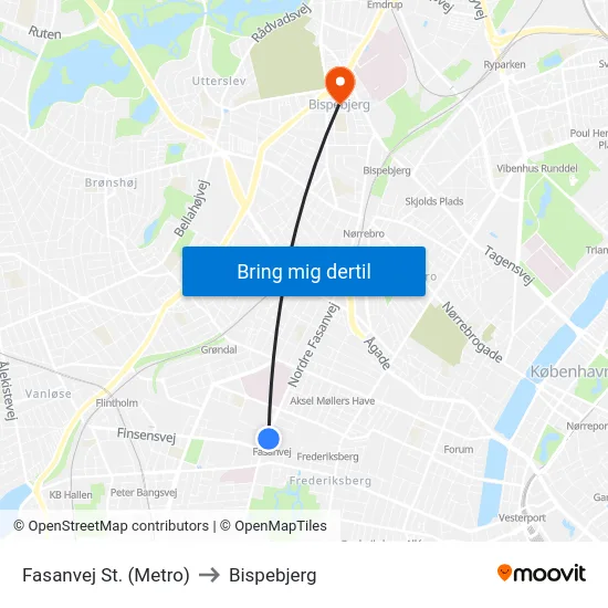 Fasanvej St. (Metro) to Bispebjerg map