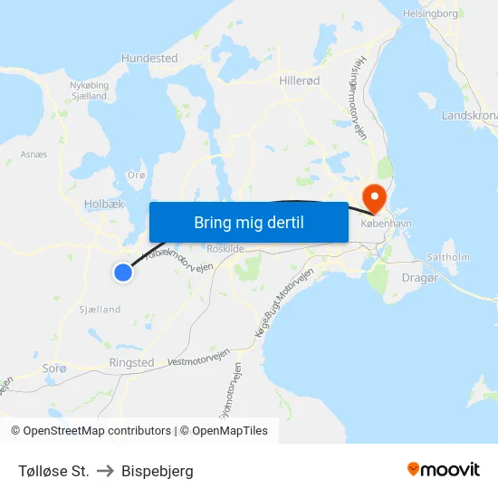 Tølløse St. to Bispebjerg map