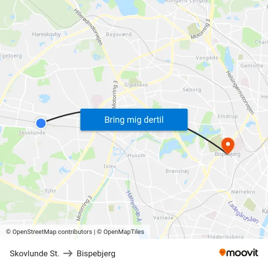 Skovlunde St. to Bispebjerg map