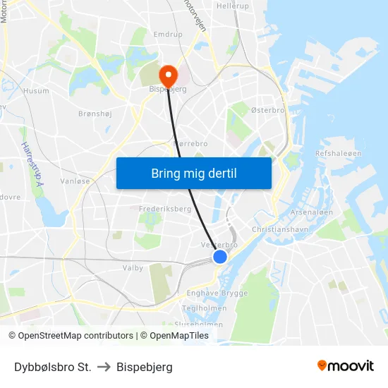 Dybbølsbro St. to Bispebjerg map