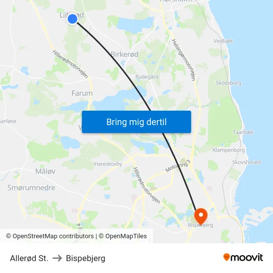 Allerød St. to Bispebjerg map