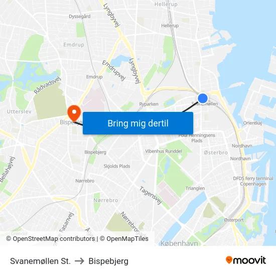Svanemøllen St. to Bispebjerg map