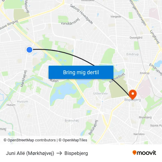 Juni Allé (Mørkhøjvej) to Bispebjerg map