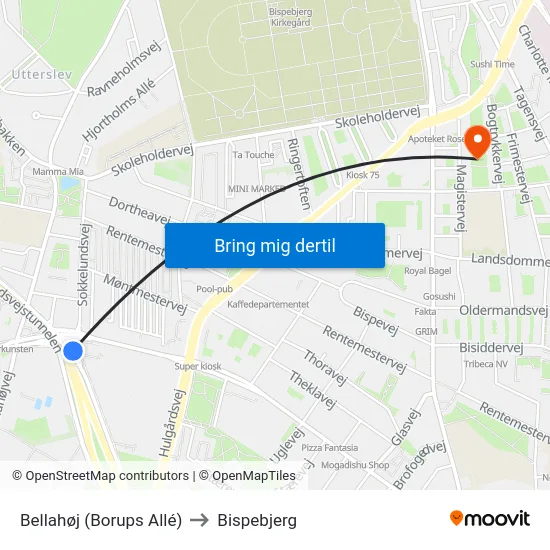 Bellahøj (Borups Allé) to Bispebjerg map