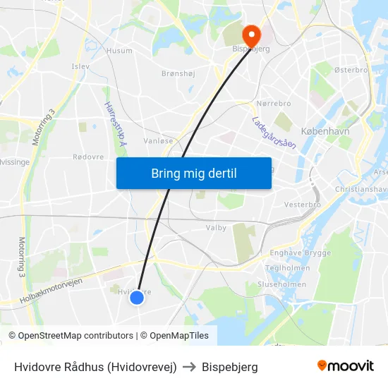Hvidovre Rådhus (Hvidovrevej) to Bispebjerg map