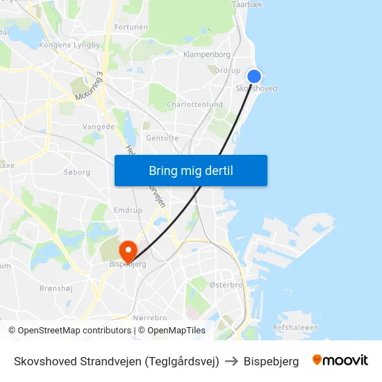Skovshoved Strandvejen (Teglgårdsvej) to Bispebjerg map