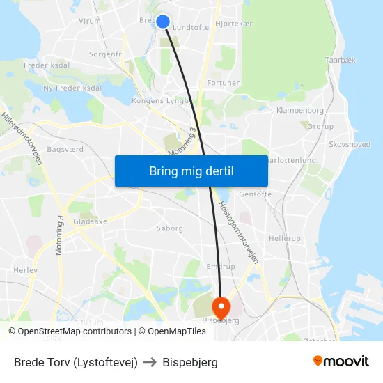 Brede Torv (Lystoftevej) to Bispebjerg map