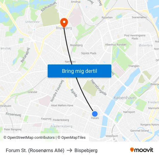 Forum St. (Rosenørns Allé) to Bispebjerg map