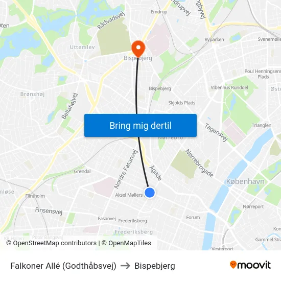 Falkoner Allé (Godthåbsvej) to Bispebjerg map