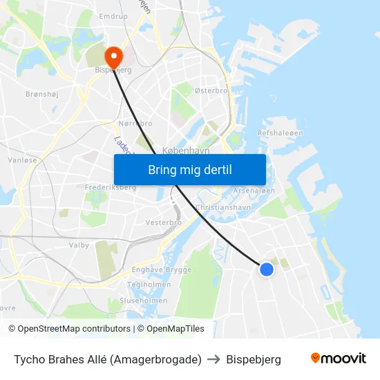 Tycho Brahes Allé (Amagerbrogade) to Bispebjerg map