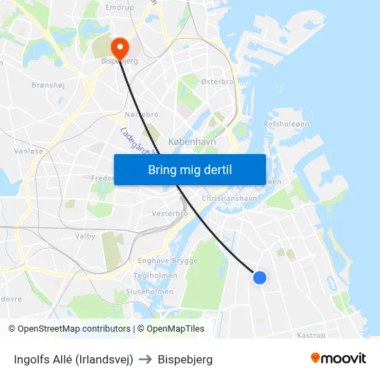 Ingolfs Allé (Irlandsvej) to Bispebjerg map