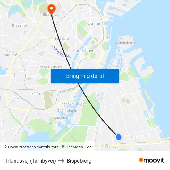 Irlandsvej (Tårnbyvej) to Bispebjerg map