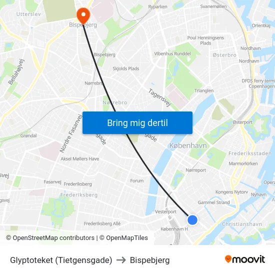 Glyptoteket (Tietgensgade) to Bispebjerg map