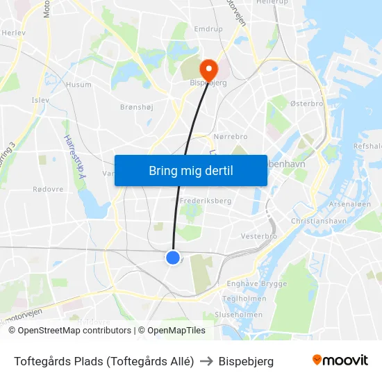 Toftegårds Plads (Toftegårds Allé) to Bispebjerg map