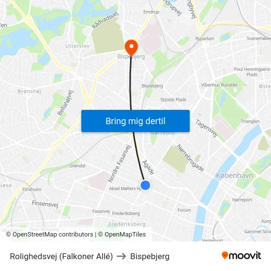Rolighedsvej (Falkoner Allé) to Bispebjerg map