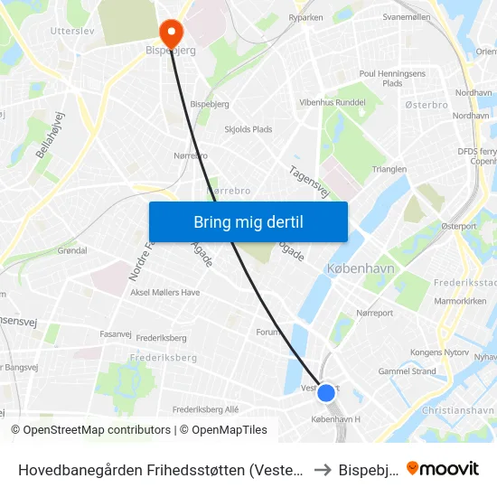 Hovedbanegården Frihedsstøtten (Vesterbrogade) to Bispebjerg map