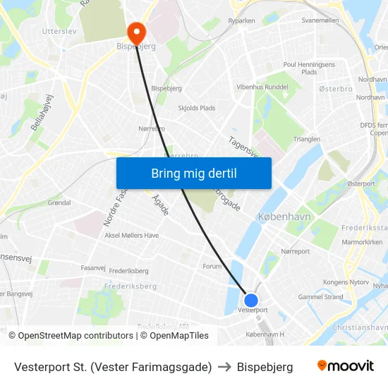 Vesterport St. (Vester Farimagsgade) to Bispebjerg map