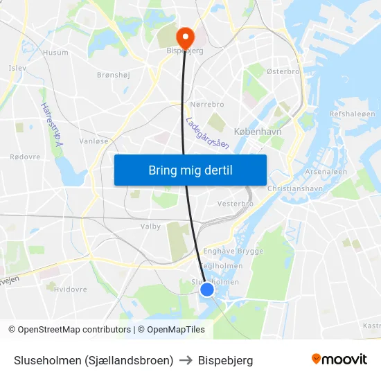 Sluseholmen (Sjællandsbroen) to Bispebjerg map