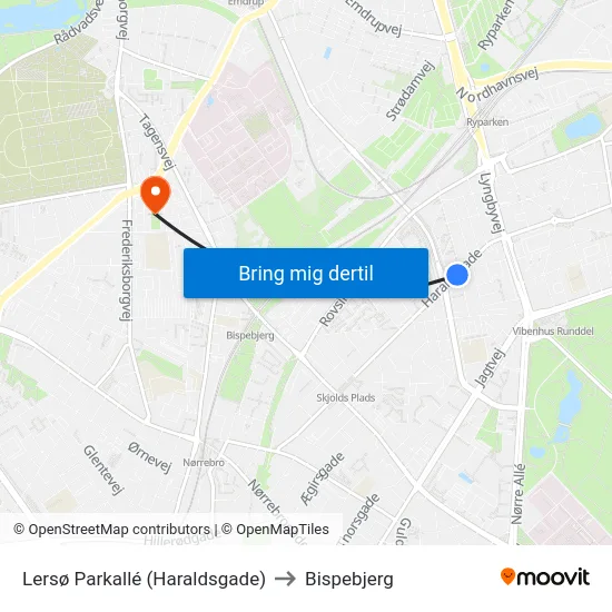 Lersø Parkallé (Haraldsgade) to Bispebjerg map