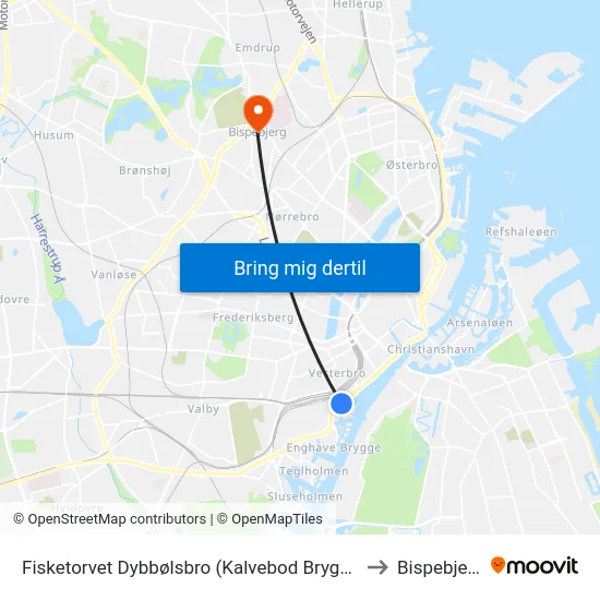 Fisketorvet Dybbølsbro (Kalvebod Brygge) to Bispebjerg map