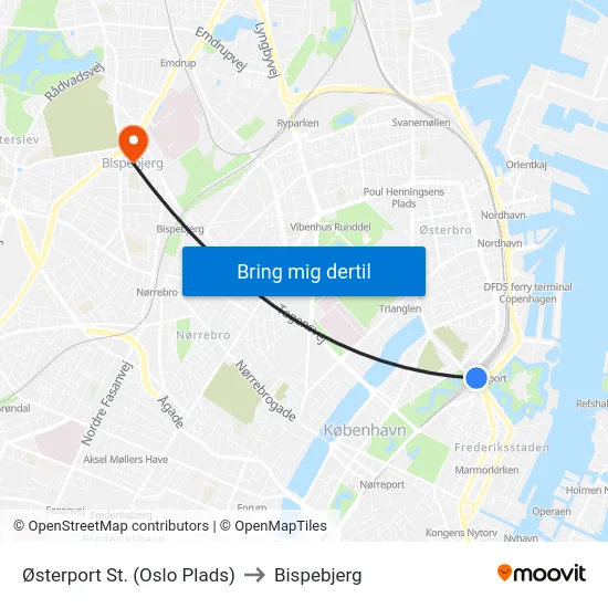 Østerport St. (Oslo Plads) to Bispebjerg map