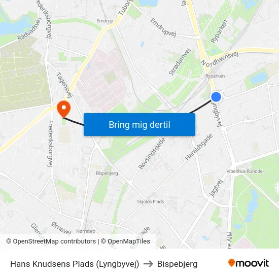 Hans Knudsens Plads (Lyngbyvej) to Bispebjerg map