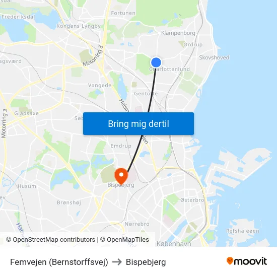 Femvejen (Bernstorffsvej) to Bispebjerg map