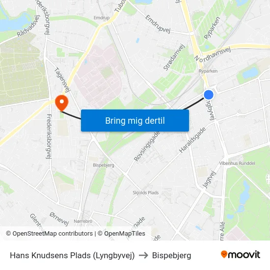 Hans Knudsens Plads (Lyngbyvej) to Bispebjerg map