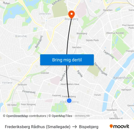 Frederiksberg Rådhus (Smallegade) to Bispebjerg map