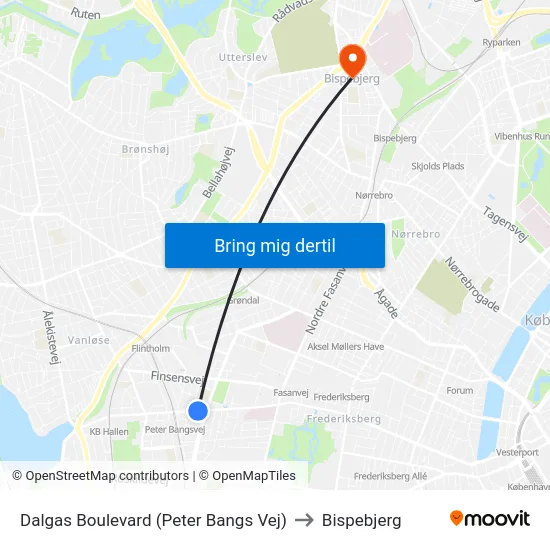 Dalgas Boulevard (Peter Bangs Vej) to Bispebjerg map