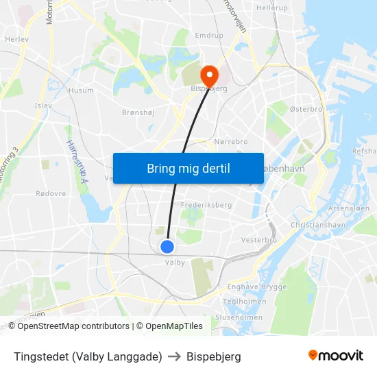 Tingstedet (Valby Langgade) to Bispebjerg map