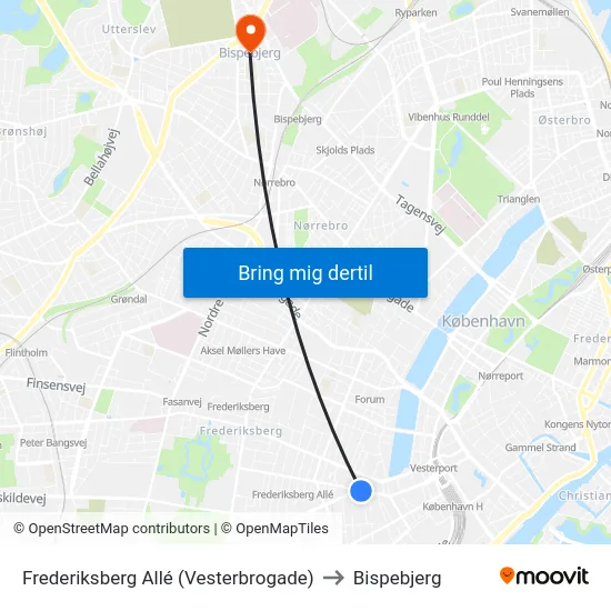 Frederiksberg Allé (Vesterbrogade) to Bispebjerg map