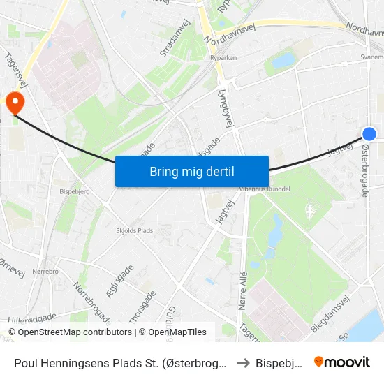 Poul Henningsens Plads St. (Østerbrogade) to Bispebjerg map