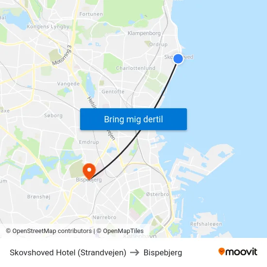 Skovshoved Hotel (Strandvejen) to Bispebjerg map