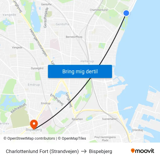 Charlottenlund Fort (Strandvejen) to Bispebjerg map