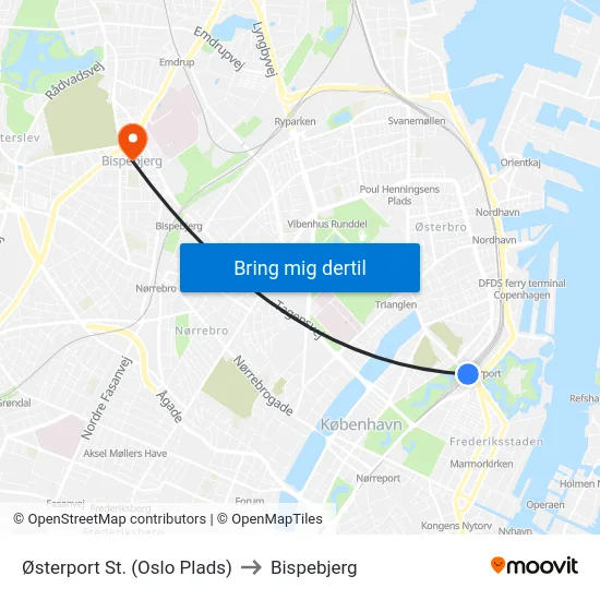 Østerport St. (Oslo Plads) to Bispebjerg map