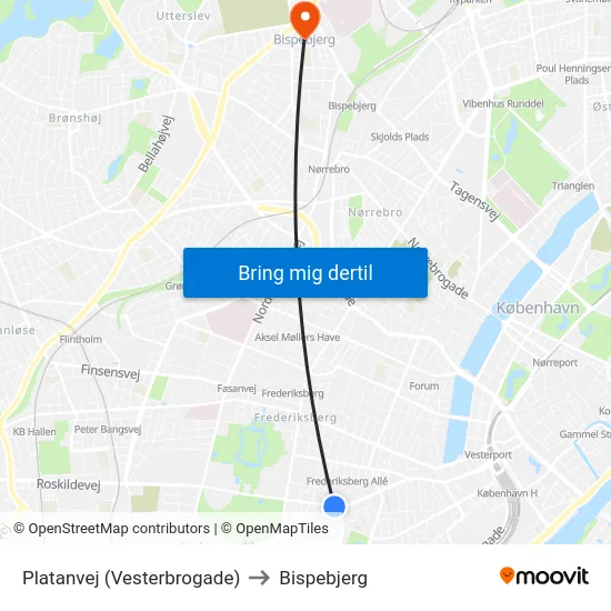 Platanvej (Vesterbrogade) to Bispebjerg map