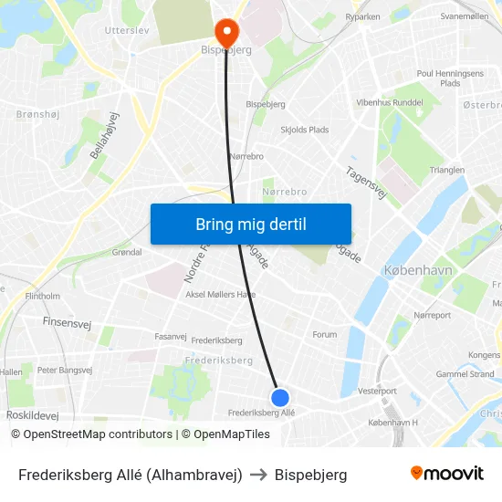 Frederiksberg Allé (Alhambravej) to Bispebjerg map