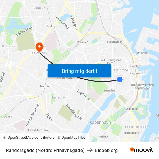 Randersgade (Nordre Frihavnsgade) to Bispebjerg map